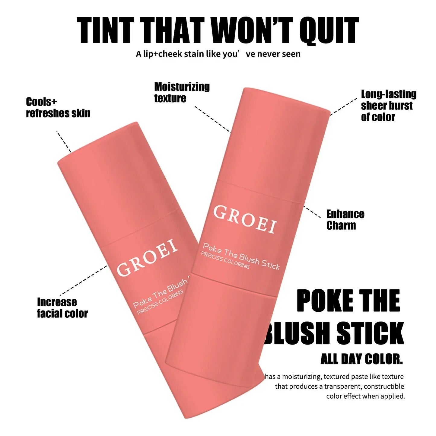 Blush Stick Double Embout 3-en-1 — Joues & Lèvres, Waterproof Longue Tenue