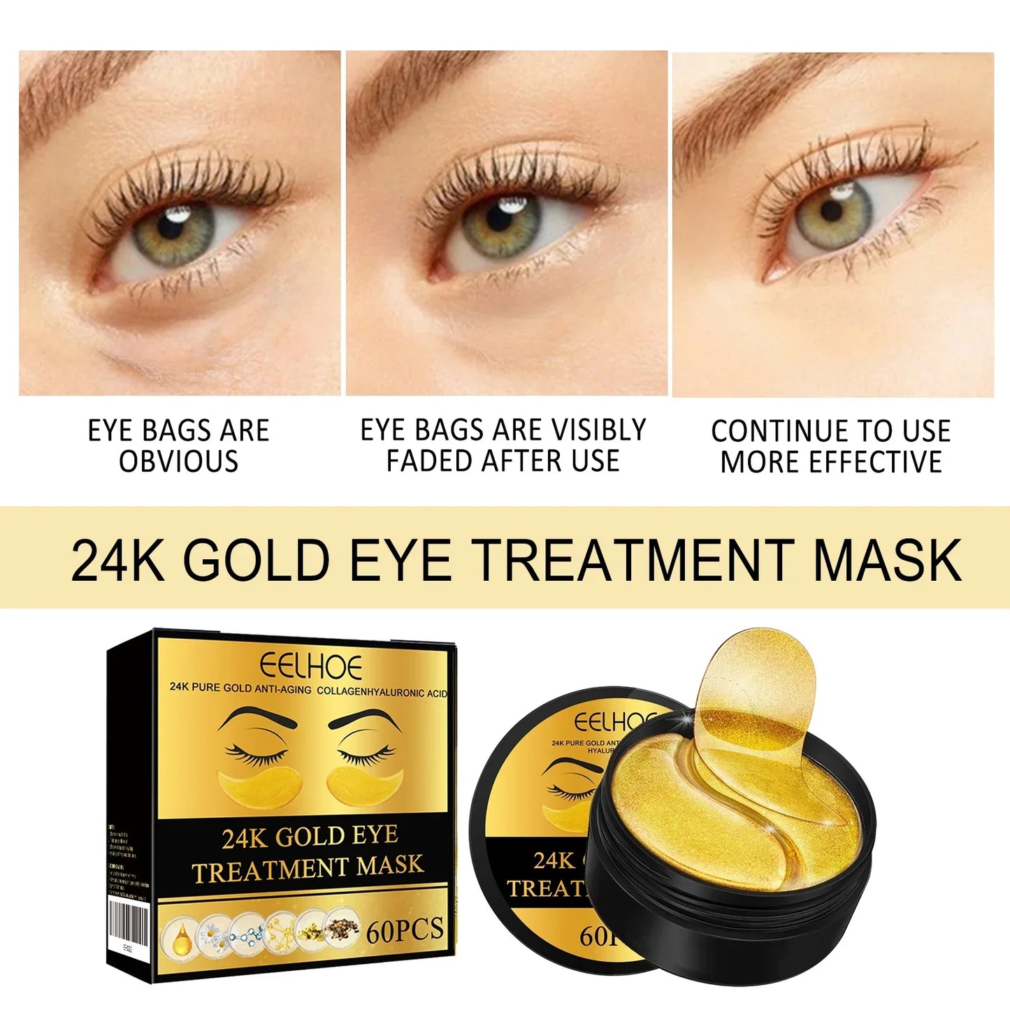 Patchs Contour des Yeux à l'Or 24K — Anti-Cernes, Anti-Rides, Hydratants — Lot de 60