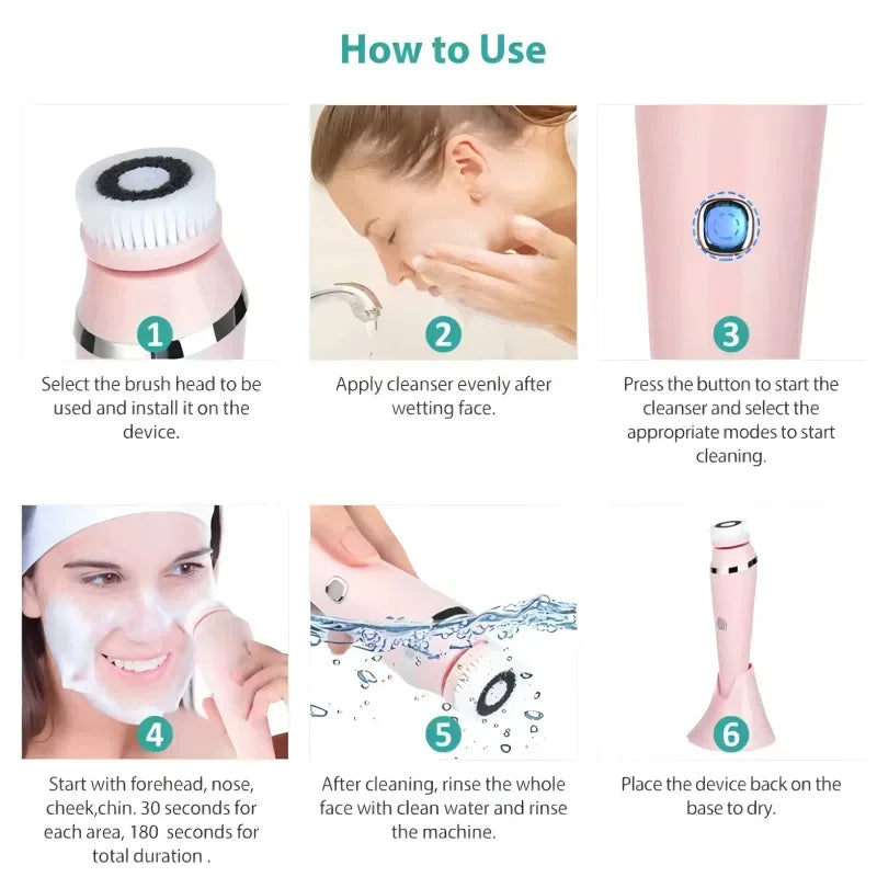 Brosse Nettoyante Visage Électrique 4-en-1 — Waterproof IPX7, Massage & Exfoliation