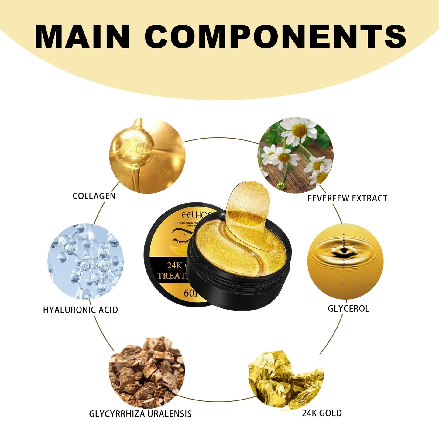 Patchs Contour des Yeux à l'Or 24K — Anti-Cernes, Anti-Rides, Hydratants — Lot de 60