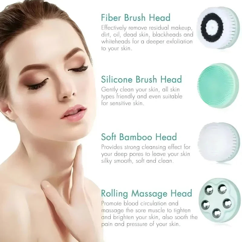 Brosse Nettoyante Visage Électrique 4-en-1 — Waterproof IPX7, Massage & Exfoliation